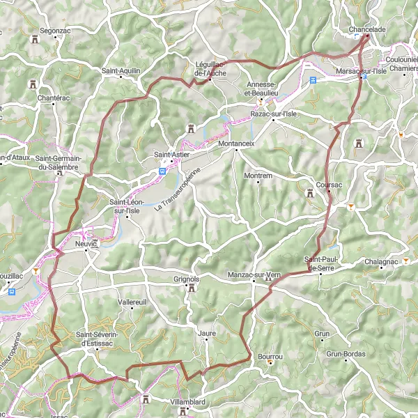 Miniature de la carte de l'inspiration cycliste "Circuit gravel de Chancelade" dans la Aquitaine, France. Générée par le planificateur d'itinéraire cycliste Tarmacs.app