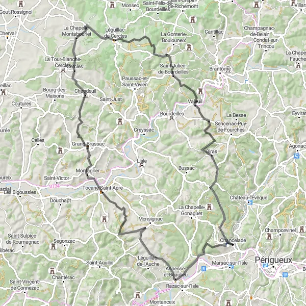 Map miniature of "Countryside Discovery" cycling inspiration in Aquitaine, France. Generated by Tarmacs.app cycling route planner