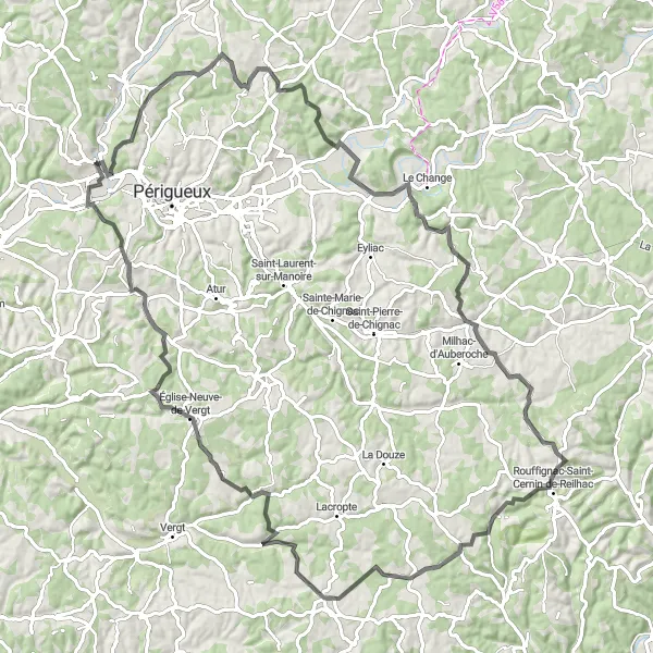 Miniatua del mapa de inspiración ciclista "Gran recorrido en bicicleta por Aquitaine desde Chancelade" en Aquitaine, France. Generado por Tarmacs.app planificador de rutas ciclistas