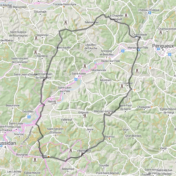 Map miniature of "Scenic Ride to Villamblard" cycling inspiration in Aquitaine, France. Generated by Tarmacs.app cycling route planner