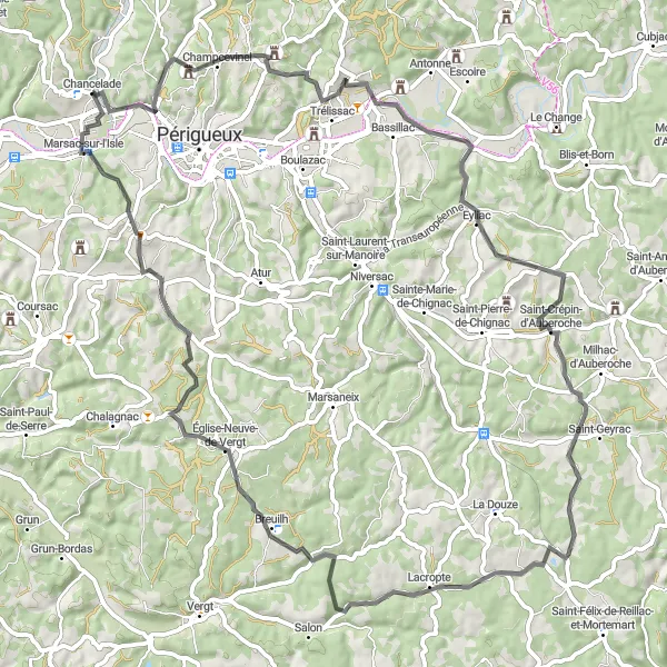 Miniatua del mapa de inspiración ciclista "Ruta en carretera desde Chancelade" en Aquitaine, France. Generado por Tarmacs.app planificador de rutas ciclistas