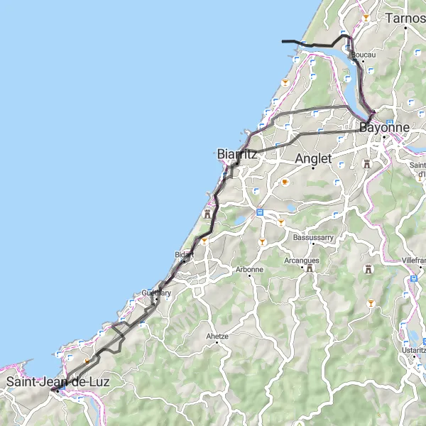 Map miniature of "Scenic Road Cycling Loop to Ciboure via Bidart and Biarritz" cycling inspiration in Aquitaine, France. Generated by Tarmacs.app cycling route planner