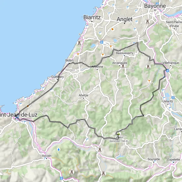 Map miniature of "Road Cycling Route: Ciboure to Saint-Jean-de-Luz" cycling inspiration in Aquitaine, France. Generated by Tarmacs.app cycling route planner