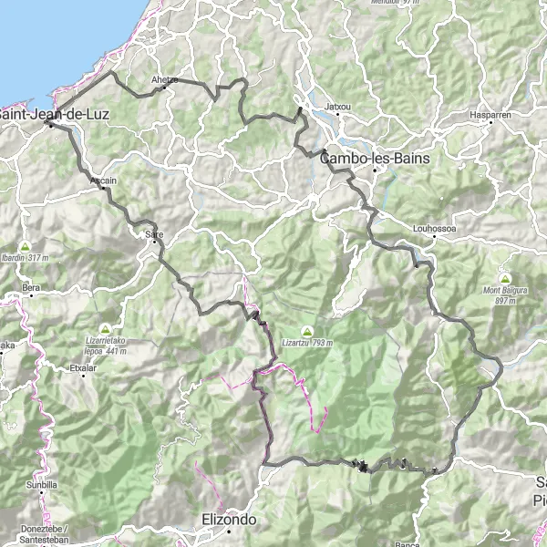 Map miniature of "Challenging Road Cycling Loop to Ciboure via Bidarray and Zugarramurdi" cycling inspiration in Aquitaine, France. Generated by Tarmacs.app cycling route planner