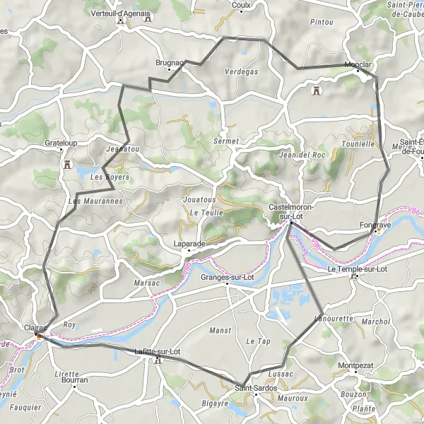 Miniature de la carte de l'inspiration cycliste "Parcours pittoresque sur la Lot" dans la Aquitaine, France. Générée par le planificateur d'itinéraire cycliste Tarmacs.app