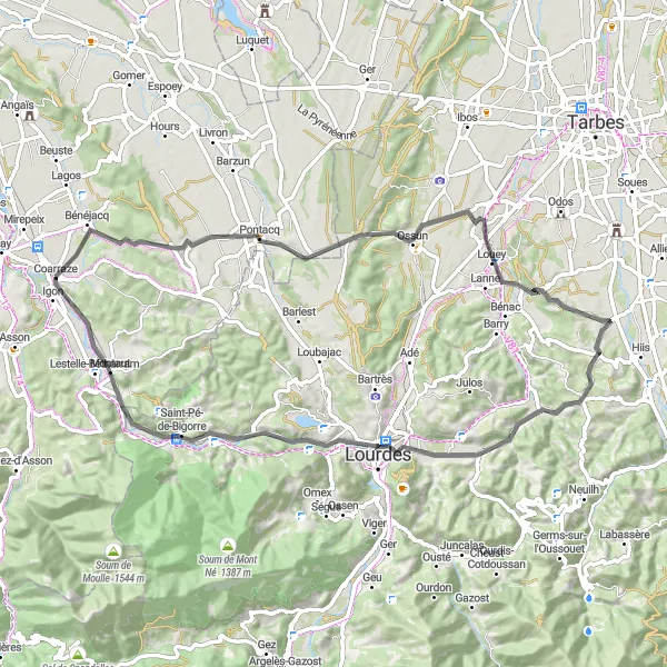 Miniature de la carte de l'inspiration cycliste "Parcours à Labatmale et Loucrup" dans la Aquitaine, France. Générée par le planificateur d'itinéraire cycliste Tarmacs.app
