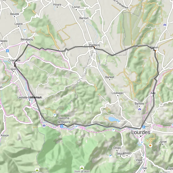 Miniature de la carte de l'inspiration cycliste "Itinéraire à Labatmale et Turoum Esplat" dans la Aquitaine, France. Générée par le planificateur d'itinéraire cycliste Tarmacs.app