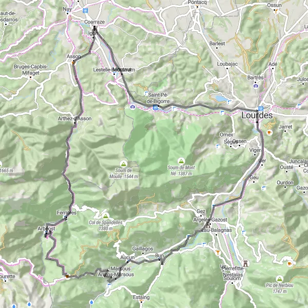 Map miniature of "Mountain Adventure" cycling inspiration in Aquitaine, France. Generated by Tarmacs.app cycling route planner