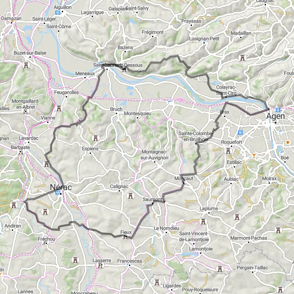 Miniatua del mapa de inspiración ciclista "Sendero hacia el Château de Clermont-Dessous" en Aquitaine, France. Generado por Tarmacs.app planificador de rutas ciclistas