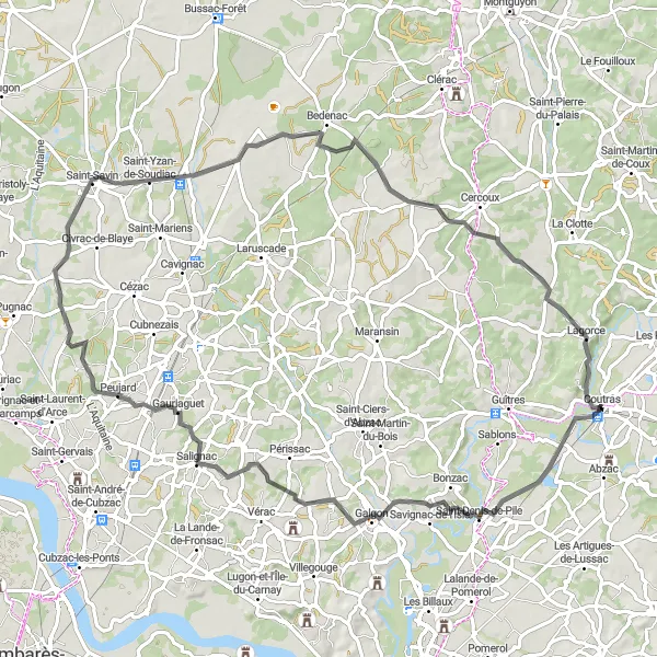 Miniatua del mapa de inspiración ciclista "Ruta Aventurera de Coutras" en Aquitaine, France. Generado por Tarmacs.app planificador de rutas ciclistas