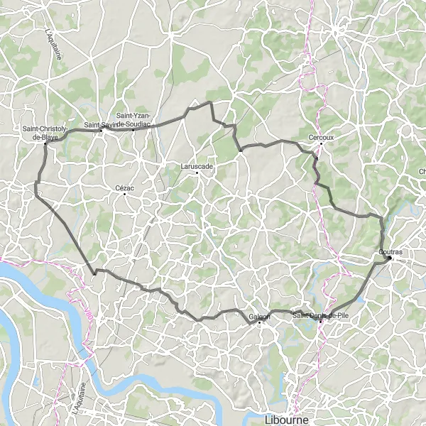 Miniature de la carte de l'inspiration cycliste "Tour autour de Coutras" dans la Aquitaine, France. Générée par le planificateur d'itinéraire cycliste Tarmacs.app