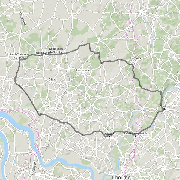 Map miniature of "Vérac Loop" cycling inspiration in Aquitaine, France. Generated by Tarmacs.app cycling route planner