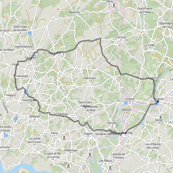 Miniatua del mapa de inspiración ciclista "Ruta Escapada de Coutras" en Aquitaine, France. Generado por Tarmacs.app planificador de rutas ciclistas