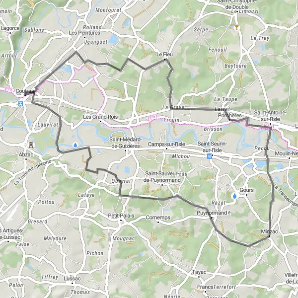 Map miniature of "Escape to Porchères" cycling inspiration in Aquitaine, France. Generated by Tarmacs.app cycling route planner