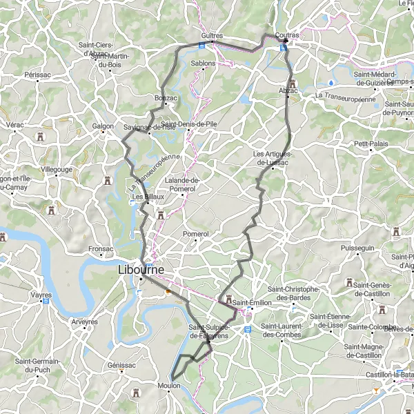 Miniatua del mapa de inspiración ciclista "Ruta de Ciclismo de Carretera de Les Artigues-de-Lussac" en Aquitaine, France. Generado por Tarmacs.app planificador de rutas ciclistas