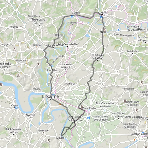 Map miniature of "Châteaux and Panoramic Views" cycling inspiration in Aquitaine, France. Generated by Tarmacs.app cycling route planner