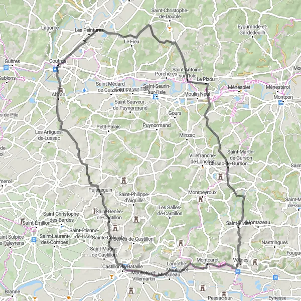 Miniatua del mapa de inspiración ciclista "Ruta de Ciclismo de Les Peintures y Saint-Genès-de-Castillon" en Aquitaine, France. Generado por Tarmacs.app planificador de rutas ciclistas
