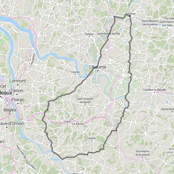 Miniatua del mapa de inspiración ciclista "Desafío Ciclista de Abzac y Lignan-de-Bordeaux" en Aquitaine, France. Generado por Tarmacs.app planificador de rutas ciclistas