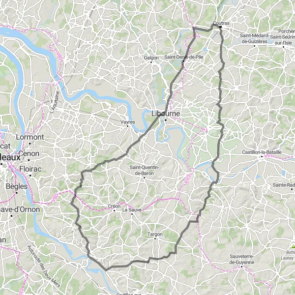 Map miniature of "Vineyards and Scenic Beauty" cycling inspiration in Aquitaine, France. Generated by Tarmacs.app cycling route planner