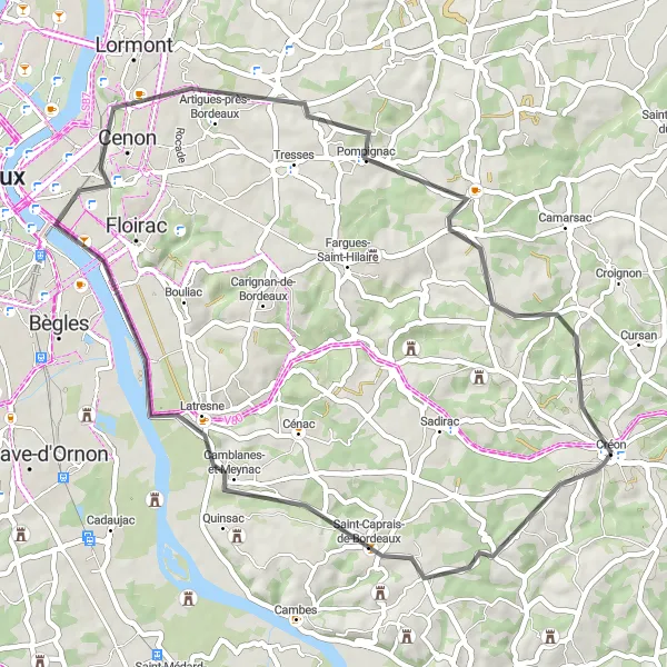 Map miniature of "Historic Route through Cenon and Sallebœuf" cycling inspiration in Aquitaine, France. Generated by Tarmacs.app cycling route planner