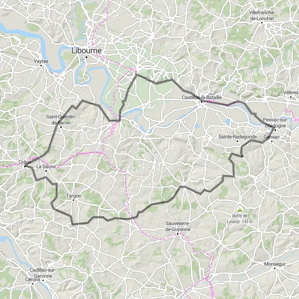 Map miniature of "Tower and Vineyards" cycling inspiration in Aquitaine, France. Generated by Tarmacs.app cycling route planner