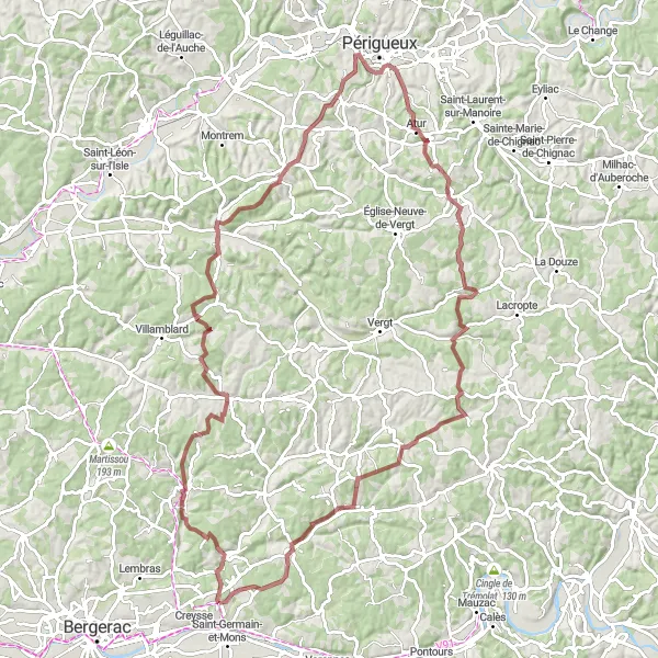 Miniature de la carte de l'inspiration cycliste "Aventure en Gravel à Travers la Campagne" dans la Aquitaine, France. Générée par le planificateur d'itinéraire cycliste Tarmacs.app