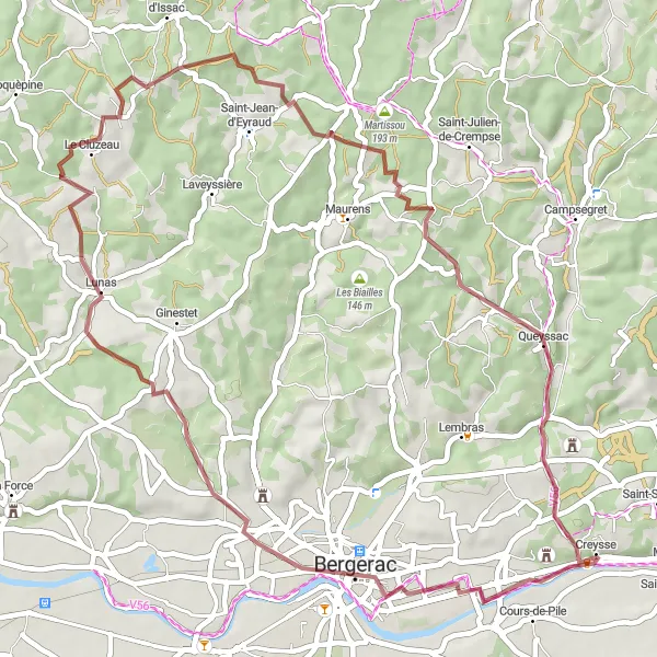 Miniature de la carte de l'inspiration cycliste "Circuit Bergerac et Bellacaud" dans la Aquitaine, France. Générée par le planificateur d'itinéraire cycliste Tarmacs.app