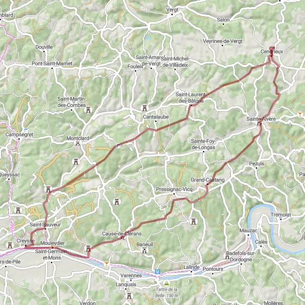 Miniature de la carte de l'inspiration cycliste "Randonnée gravier de Mouleydier à Grand-Castang" dans la Aquitaine, France. Générée par le planificateur d'itinéraire cycliste Tarmacs.app