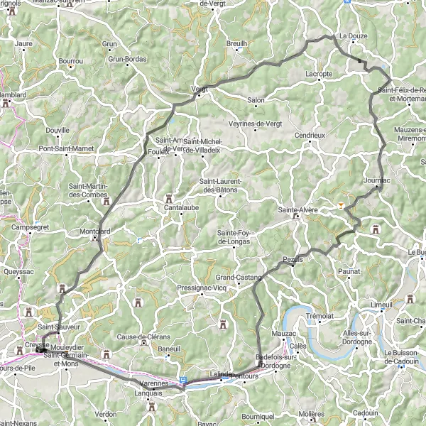 Miniature de la carte de l'inspiration cycliste "Route des Châteaux et Villages Médiévaux" dans la Aquitaine, France. Générée par le planificateur d'itinéraire cycliste Tarmacs.app