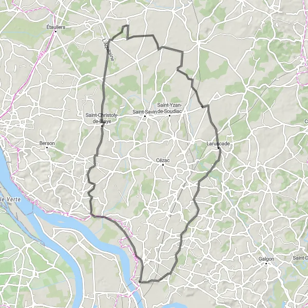 Map miniature of "Tour de Cubzac-les-Ponts" cycling inspiration in Aquitaine, France. Generated by Tarmacs.app cycling route planner