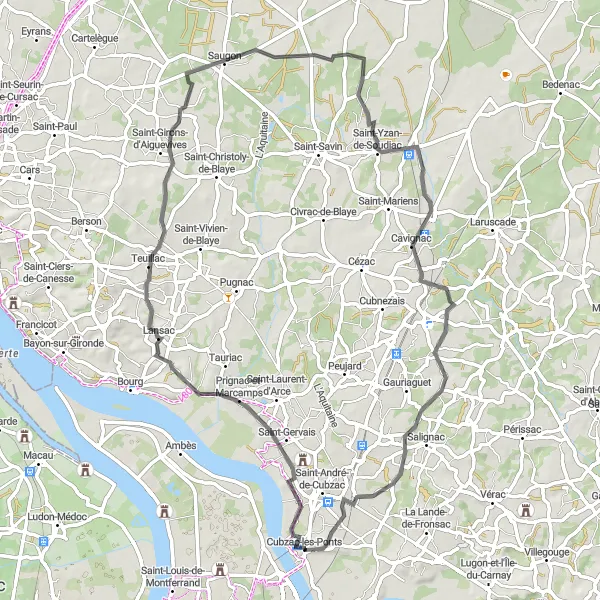 Miniatua del mapa de inspiración ciclista "Ruta de ciclismo en carretera por los viñedos" en Aquitaine, France. Generado por Tarmacs.app planificador de rutas ciclistas
