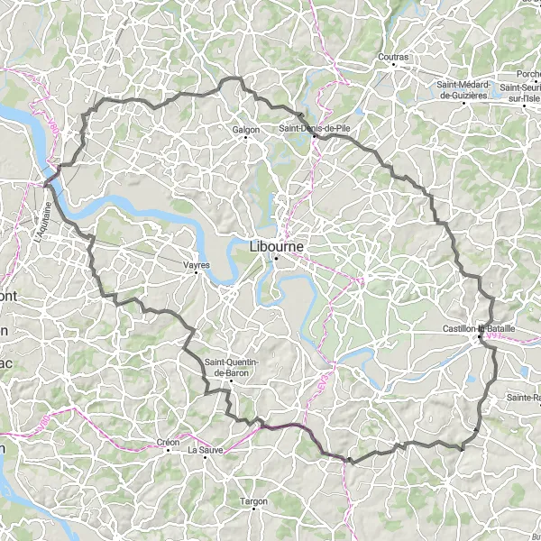 Miniatua del mapa de inspiración ciclista "Ruta de Ciclismo Road desde Cubzac-les-Ponts" en Aquitaine, France. Generado por Tarmacs.app planificador de rutas ciclistas