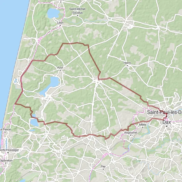 Miniatua del mapa de inspiración ciclista "Ruta de ciclismo de grava Angoumé - Saint-Paul-lès-Dax" en Aquitaine, France. Generado por Tarmacs.app planificador de rutas ciclistas