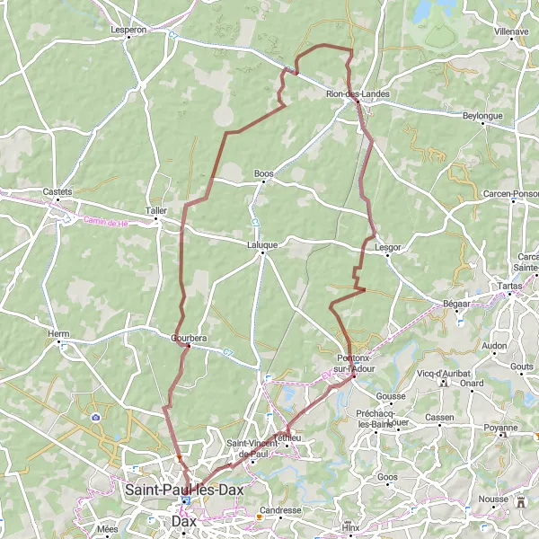 Miniatua del mapa de inspiración ciclista "Ruta de ciclismo de grava Rion-des-Landes" en Aquitaine, France. Generado por Tarmacs.app planificador de rutas ciclistas