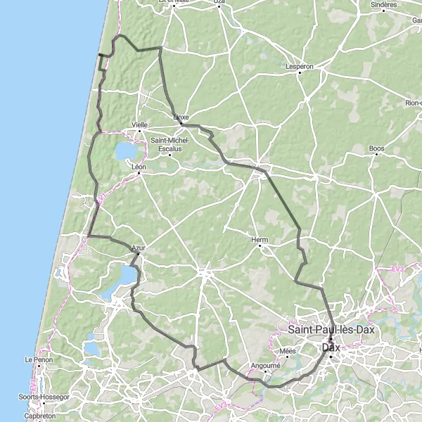 Miniatua del mapa de inspiración ciclista "Ruta de ciclismo de carretera Dax - Castets" en Aquitaine, France. Generado por Tarmacs.app planificador de rutas ciclistas