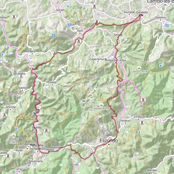 Miniatua del mapa de inspiración ciclista "Excursión de Grava a Sunbilla y Pinodietako gaina" en Aquitaine, France. Generado por Tarmacs.app planificador de rutas ciclistas