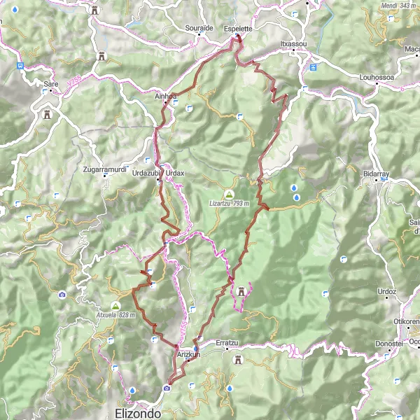 Miniatua del mapa de inspiración ciclista "Explorando Espelette y sus alrededores" en Aquitaine, France. Generado por Tarmacs.app planificador de rutas ciclistas