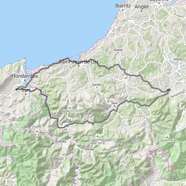 Map miniature of "Discovering Basque Countryside" cycling inspiration in Aquitaine, France. Generated by Tarmacs.app cycling route planner