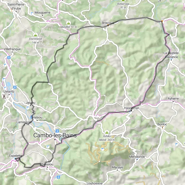 Map miniature of "Roads Less Traveled" cycling inspiration in Aquitaine, France. Generated by Tarmacs.app cycling route planner