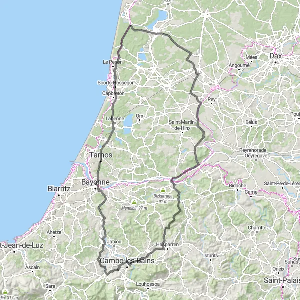 Miniatua del mapa de inspiración ciclista "Ruta Escénica a Étang de Soustons y Urt" en Aquitaine, France. Generado por Tarmacs.app planificador de rutas ciclistas