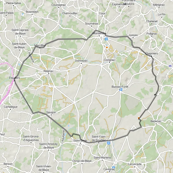 Map miniature of "Les Collines Tranquilles" cycling inspiration in Aquitaine, France. Generated by Tarmacs.app cycling route planner