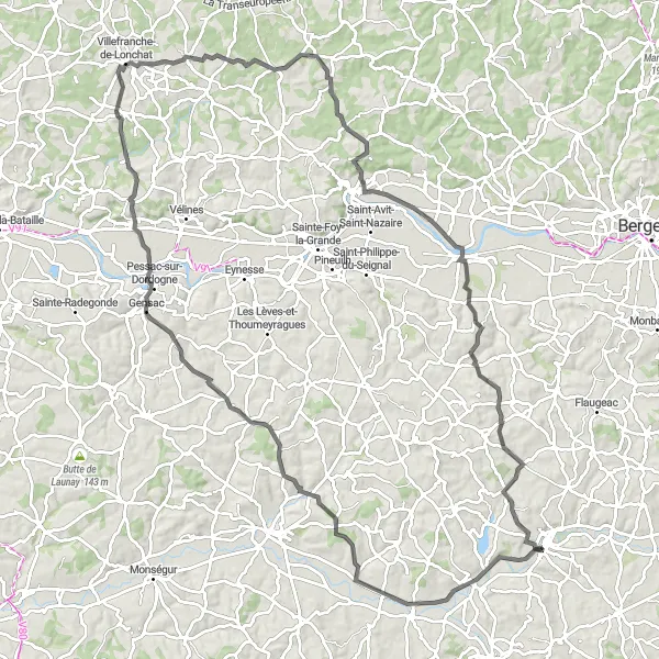 Miniature de la carte de l'inspiration cycliste "Les Châteaux et Villages de la Vallée de la Dordogne" dans la Aquitaine, France. Générée par le planificateur d'itinéraire cycliste Tarmacs.app