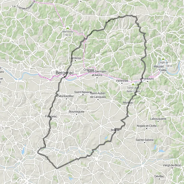 Map miniature of "Eymet to Château de Lauzun Loop" cycling inspiration in Aquitaine, France. Generated by Tarmacs.app cycling route planner