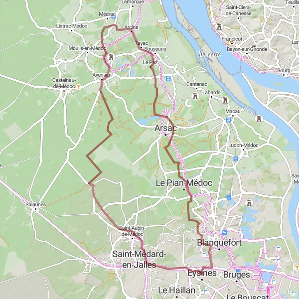 Miniature de la carte de l'inspiration cycliste "Les Sentiers vallonnés de la Gironde" dans la Aquitaine, France. Générée par le planificateur d'itinéraire cycliste Tarmacs.app