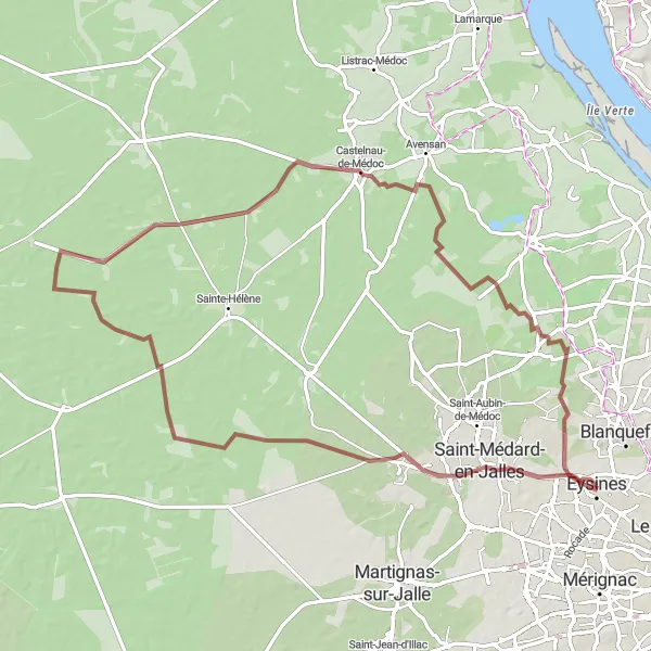 Miniature de la carte de l'inspiration cycliste "Boucle des Grands Crus" dans la Aquitaine, France. Générée par le planificateur d'itinéraire cycliste Tarmacs.app