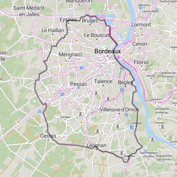 Miniature de la carte de l'inspiration cycliste "Parcours des Châteaux et Vignobles" dans la Aquitaine, France. Générée par le planificateur d'itinéraire cycliste Tarmacs.app