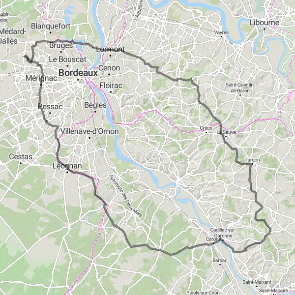 Miniature de la carte de l'inspiration cycliste "Châteaux de Gironde" dans la Aquitaine, France. Générée par le planificateur d'itinéraire cycliste Tarmacs.app