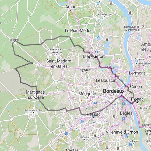 Map miniature of "Road Route: Bordeaux Delights" cycling inspiration in Aquitaine, France. Generated by Tarmacs.app cycling route planner