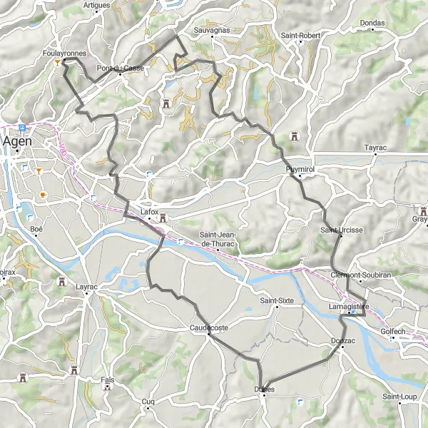 Miniature de la carte de l'inspiration cycliste "Boucle de Pont-du-Casse" dans la Aquitaine, France. Générée par le planificateur d'itinéraire cycliste Tarmacs.app