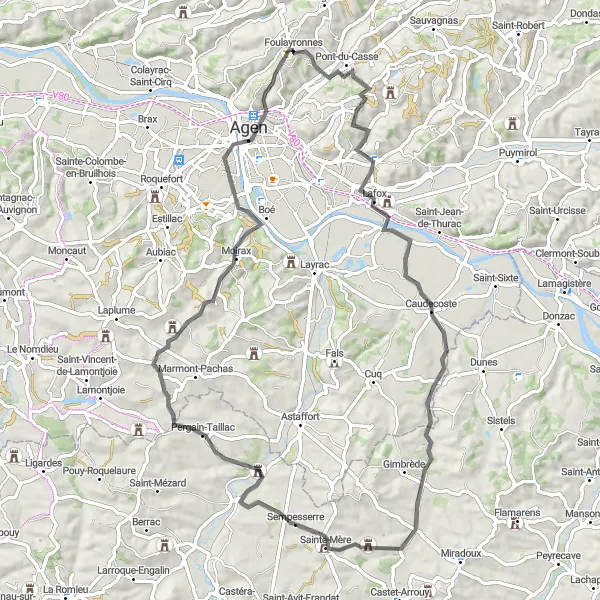 Map miniature of "Foulayronnes to Castelculier Cycling Route" cycling inspiration in Aquitaine, France. Generated by Tarmacs.app cycling route planner